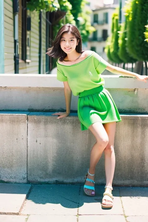 Beautiful girl wearing a green summer knit、terraces、17 age、Spinning、