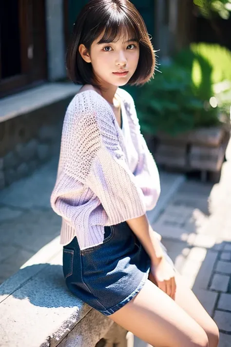 A beautiful girl wearing a purple and white summer knit、japanes、terraces、sixteen years old、Spinning、a miniskirt、short-hair、A dark-haired、