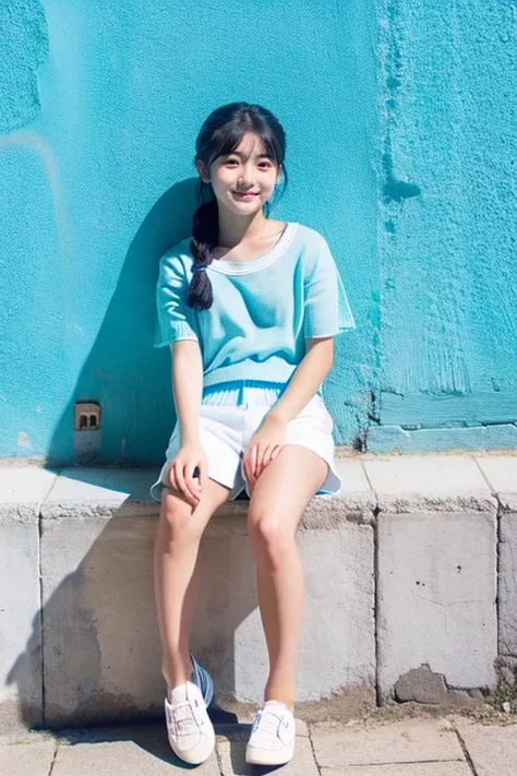 Beautiful girl wearing a light blue summer knit、japanes、terraces、sixteen years old、Spinning、White shorts、black hair very short、looks to the side、