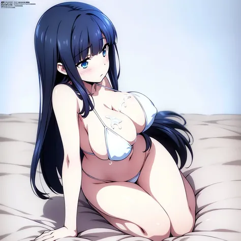 (masterpiece, best quality, high resolution, anime colored, 8k, photorealistic), Miyuki, 1girl, blush, (black hair, long straight hair, hime_cut), blue eyes, looking away:1.5, (large breast:1.5), (white micro bikini:1.5), covered nipples, slim, (cum on bre...