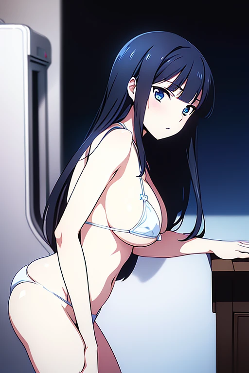 (masterpiece, best quality, high resolution, anime colored, 8k, photorealistic), Miyuki, 1girl, blush, (black hair, long straight hair, hime_cut), blue eyes, (looking side:1.5), (large breast:1.5), (white micro bikini:1.5), covered nipples, slim, (cum on b...