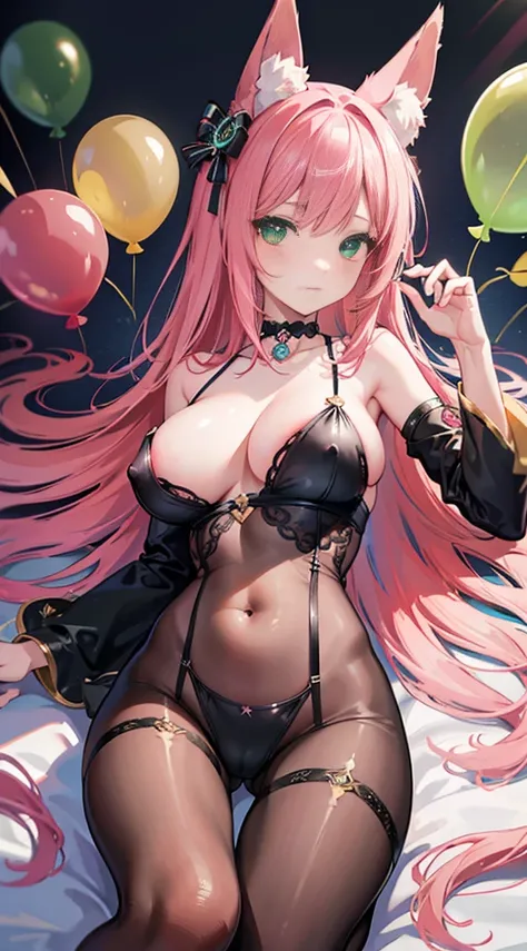 High quality, masterpiece, ultra-detailed, highly detailed outfit, choker, without bra, nipples, black transparent bodystocking, 1girl, solo, peaceful expression, long pink hair, fox ears, enchanting green eyes, ridiculously large breasts, balloon breasts,...