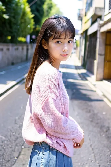 Beautiful girl wearing a pink summer knit、terraces、15yo student、look away from the camera、