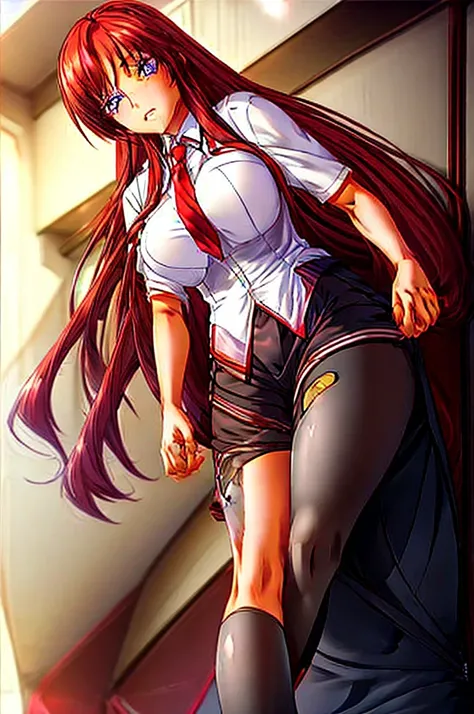 1girl, medium breast, (skinny), long loose hair, light red brown hair, straight hair, french braid, (blunt bangs), hair intakes, long sidelocks, violet eyes, yellow vest, white formal short sleeve shirt, red tie, red skirt with one black stripe, black knee...