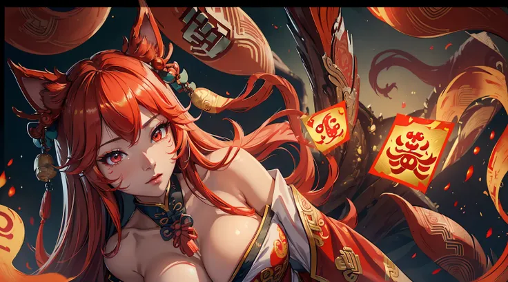 Ahri, ((((single person)))), close up shot, ((upperbody shot)), highly detailed face, well defined face details, detailed face lighting, ((((chinese aesthetics)))), ((((chinese aesthetic background)))), ((red flames)), ((((8k ultra HD)))), red theme color ...