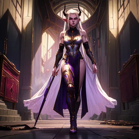 masterpiece, highest quality, (full body view), (perfect face:1.1), (high detail:1.1), (hyper detailed eyes), a tiefling woman with pale white skin and long voluminous white hair, 25 years old, purple eyes, solo, long hair, purple horns, toned body, athlet...