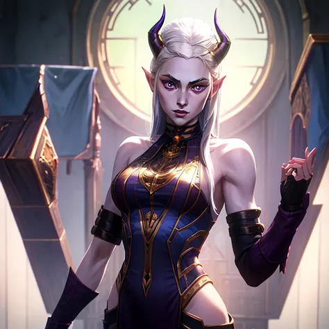 masterpiece, highest quality, (full body view), (perfect face:1.1), (high detail:1.1), (hyper detailed eyes), a tiefling woman with pale white skin and long voluminous white hair, 25 years old, purple eyes, long hair, purple horns, toned body, athletic bod...