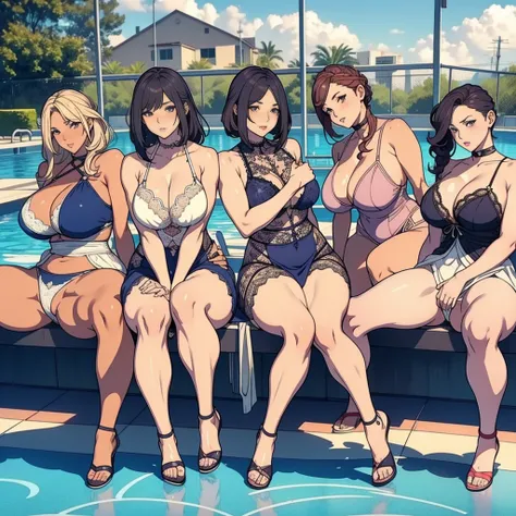 multiple thick body females squatting at the pool daytime, all females wearing long open slit dress, partially panties exposed underneath dress, all females wearing different style lace pattern bra and panties underneath dress, females standing side by sid...