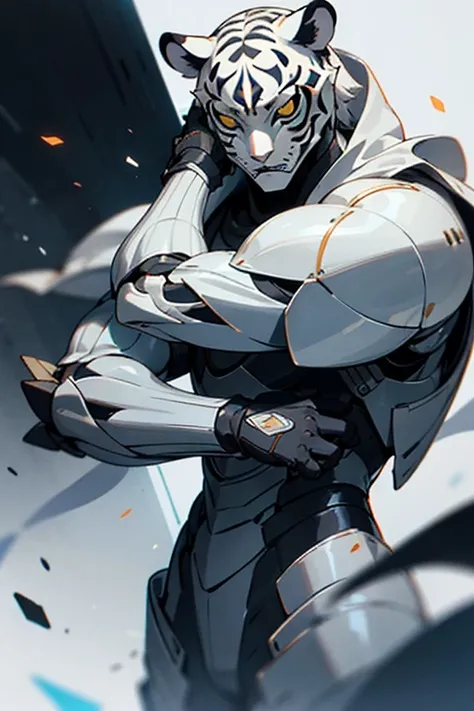 whitetiger is a white tiger half humanoid and half futuristic armor that is white male character His armor is tight to his body strong physical build he wears black gloves on his hands he has a mask on that covers his face He wears an elaborate mask that h...