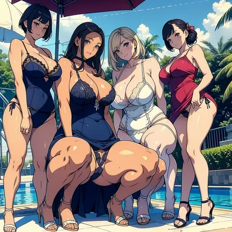 multiple thick body females standing side by side at the pool daytime, all females wearing long open slit dress, partially expose panties underneath dress, all females wearing different style and colors lace pattern bra and panties underneath dress, 1 fema...