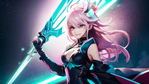 Anime style、Cyberpunk style、There is a sense of dynamism in the movement、wearing a long black dress、Beautiful girl with light pink hair and a smile、hold two swords in hand、Dark interior with blue-green tones、pc wallpaper