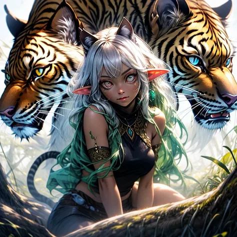 High resolution portrait of an elven female character with lynx features, possuir orelhas pontiagudas, sharp feline eyes, e a agilidade de um lince, Protegendo florestas encantadas e reinos escondidos, Surrealismo, Lynx Guardian.