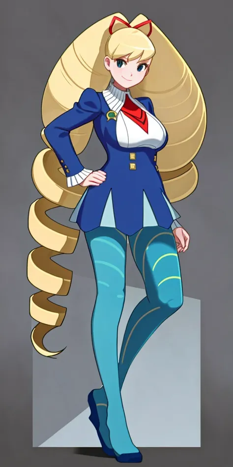 full body standing straight symmetrical, huge boob(masterpiece, best quality:1.2), cowboy shot, solo, 1girl, mmplatz, smile, looking at viewer, hands on hips, twintails, twin drills, dress, blue pantyhose, striped pantyhose, Handcuffs on their hands, With ...