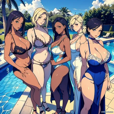 multiple thick body females standing side by side at the pool daytime, all females wearing long open slit dress, all dress has upside down v slit in the middle fully expose panties underneath dress, all females wearing different style and colors lace patte...