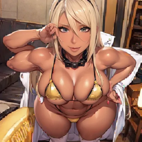 busty figure、Bimbo、a blond、elementary student、Tecateca skin with oil、Oiled skin、Wheat-toned skin、Brown skin、bulging butt pointing upwards、oversized buttocks、bust size extra large、extra large titig、Glossy golden bikini、Golden Bikini、evil smile、Bad face、Pose...