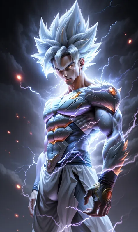 anime characters that have a lightning effect on their bodies, ultra instinto, retrato altamente detalhado de goku, goku humano ...