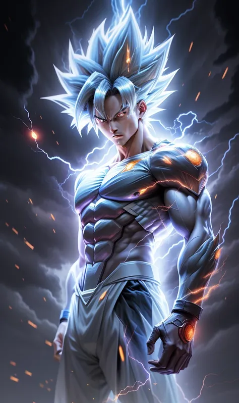 anime characters that have a lightning effect on their bodies, ultra instinto, retrato altamente detalhado de goku, goku humano ...