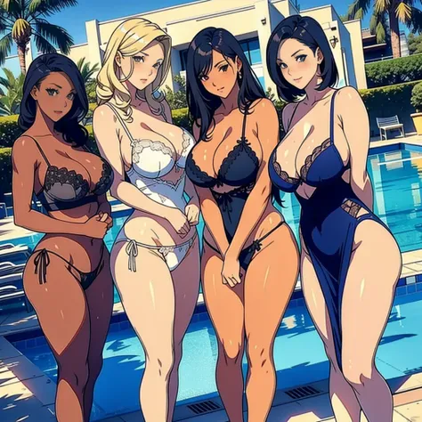 multiple thick body females standing side by side at the pool daytime, all females wearing long open slit dress, all dress has upside down v slit in the middle fully expose panties underneath dress, all females wearing different style and colors lace patte...