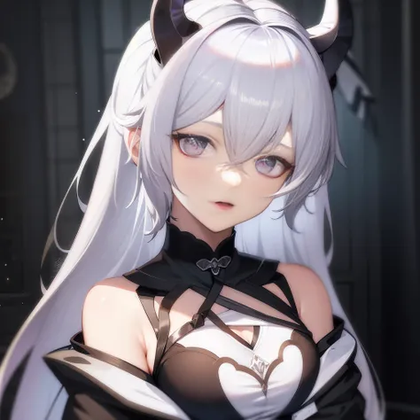 anime girl with white hair and horns in black and white costume, demon anime girl, from arknights, mika kurai demon, white haire...