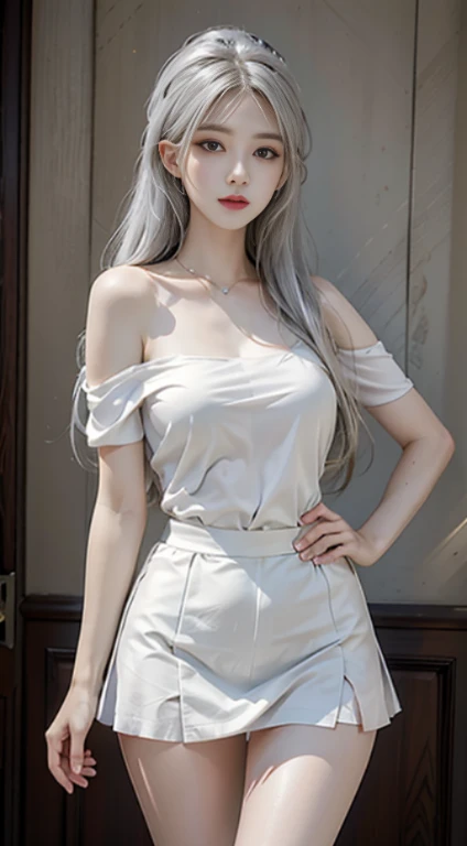 Photorealistic, High resolution, 1womanl, Solo, hips up high, view the viewer, (Detailed face), White hair, Long hair, maid clothes, Jewelry、a miniskirt、）（off shoulders）、Front opening、（up skirt）、（Lace panties）