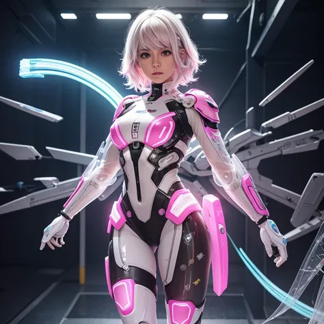 La Colombiana bionica, young and beautiful Colombian, pixie haircut, wavy white hair with messy pink highlights in punk rock style, transparent armor, electric effects, full body integrated with gynoid, polymer (polycarbonate) intermediate layers, transpar...