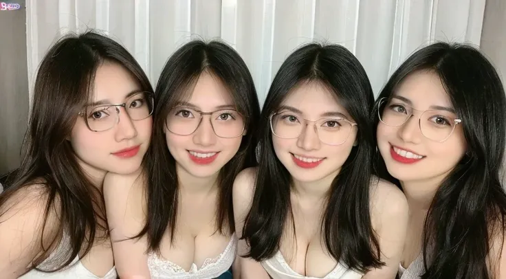 (realistic, high resolution:1.3), 3 girls with perfect figure,(((3 girls:1.4))), glasses, smile, ((pale white skin:1.3)) ,(gigantic breasts:1.3), looking at viewers, super fine face and eyes, long hair, white transparent lace veil: 1.2 , in bedroom, sit on...