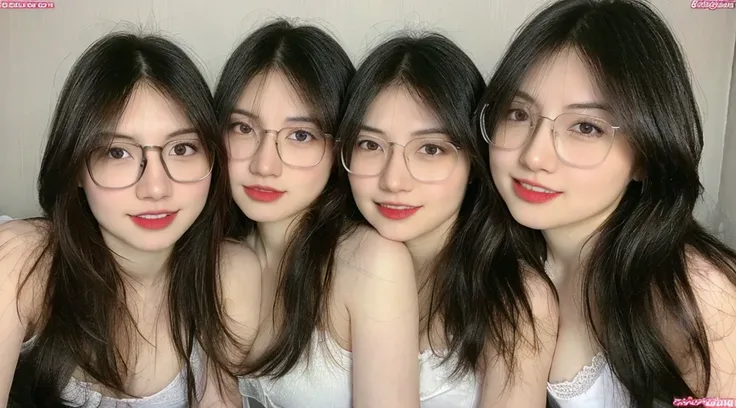 (realistic, high resolution:1.3), 3 girls with perfect figure,(((3 girls:1.4))), glasses, smile, ((pale white skin:1.3)) ,(gigan...