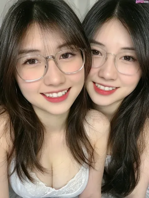 (realistic, high resolution:1.3), 2 girls with perfect figure,(((2 girls:1.4))), glasses, smile, ((pale white skin:1.3)) ,(gigantic breasts:1.3), looking at viewers, super fine face and eyes, short hair, white transparent lace veil: 1.2 , in bedroom, sit o...