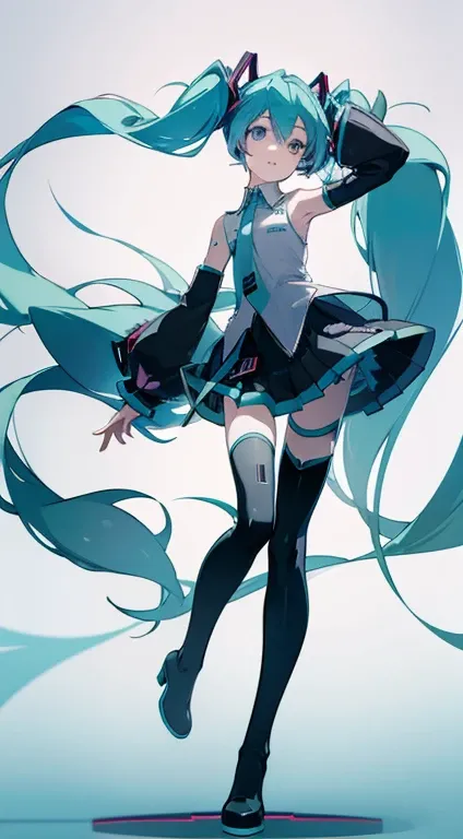 faces　(((miku hatsune)))　small tits　A slender　 (cool)　hiquality  (笑faces)  arm dynamic　Shoulder out　Full body painting　the feet　neck tie　a miniskirt　thigh high boots　 Soft colors、Pale shades　glowing light from the front　((the feet))