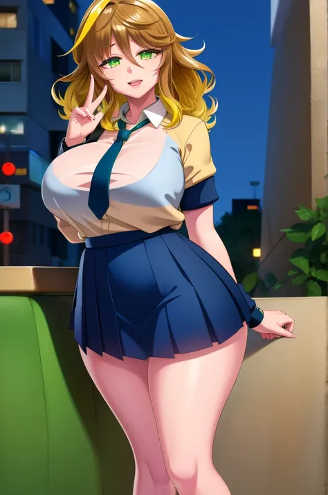 amicia michella - nijisanji, anime style, 1girl, detailed brown short hair, yellow inner hair, wavy thick hair, green eyes, thin lips, painted lips, shy smile face, wide hips, thick thighs, huge round ass, shiny oily breasts, white shirt, navy blue necktie...