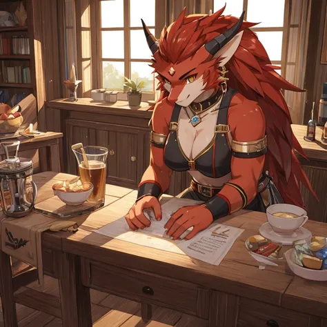 a female red dragon，strong，warriors，clothings，detailed detail，Teaching a lesson