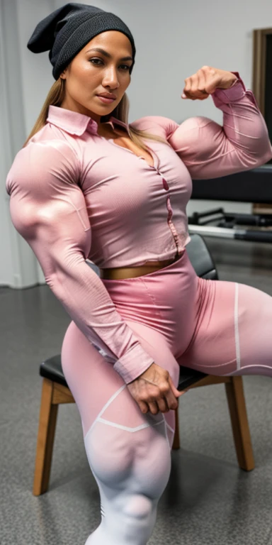 Old Jennifer lopez,  heavily muscled iffb pro female bodybuilder,masterpiece, best quality, 1girl, vpl, button up shirt, pink oil  compression leggings, Christmas hat, risque, smirk, biceps, leaning back in chair,