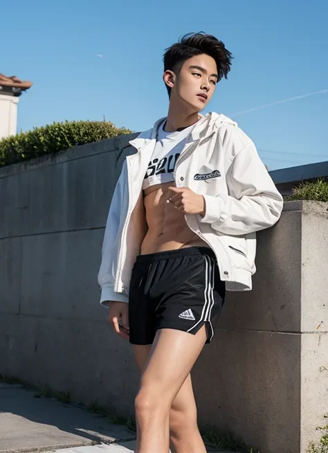 Young Asian Man, 20 age, handsome, kawaii, with abdominal muscles, Wear white shorts....., wet, professional photo, Realistic images, Exceptionally high quality There are special details....