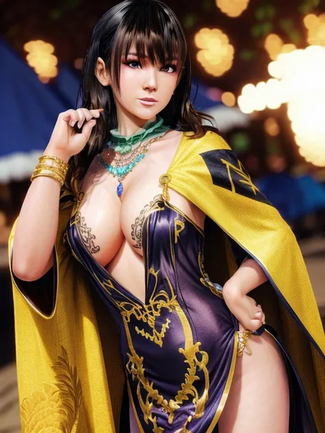 1girl,Nanami,brilliant colors, dress,cloak,Jewelry,fashionable_Tattoos,huge breastasterpiece), best quality,(real:1.4), detailed,8K，Digital art,Detailed hair,depth of field,