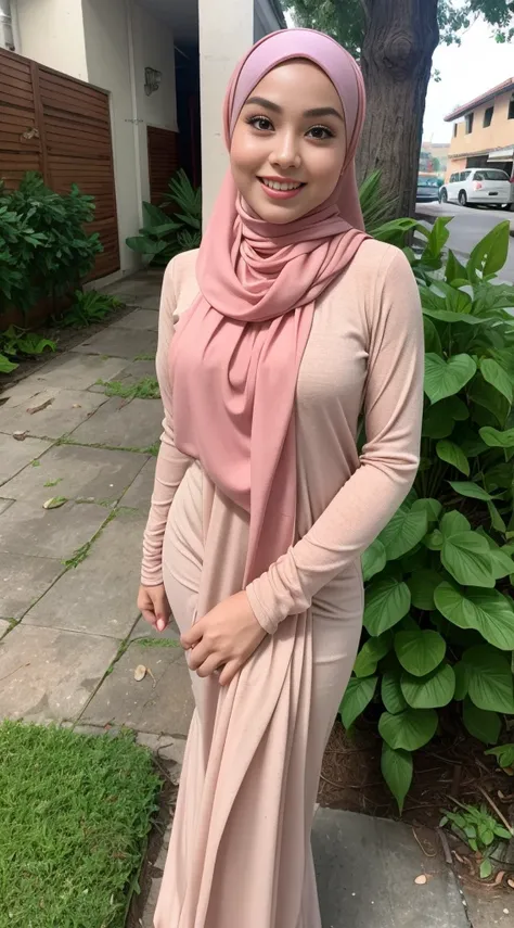 RAW, Best quality, high resolution, masterpiece: 1.3), beautiful Malay woman in hijab,Masterpiece, perfect  fit body, ((Huge breast)), biggorgeous eyes, Soft smile,muslim woman in a plain long sleeve shirt and hijab posing for a picture, hijab, with lovely...