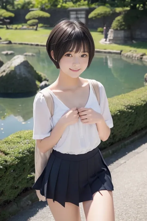 ((​masterpiece))), (One beautiful Japan girl, classmates, landscape and innocence，kawaii，Boyish short cut hair，A dark-haired :1.4)) ，超A high resolution, Realistic, ultra-detailliert, 8K,top-quality, Extremely detailed,A slender,very beautiful japanese girl...