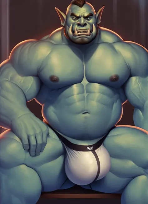 humanoid, orc, pecs, muscular male, sitting, looking at viewer, tusks, jockstrap, huge bulge