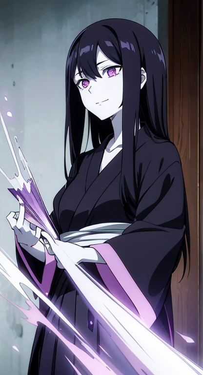 a bleach shinigami, a young woman smilling, without showing your hands,with long black hair, pale skin, striking amethyst eyes, fullhd