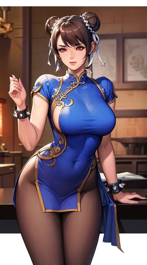 Masterpiece, (high quality), (intricate, 8k, 4k), 1 girl, Chun li, short Brown hair, double bun, mascara, chinese dress, Brown pantyhose, Spike bracelet, curvy,