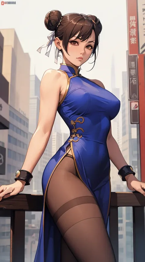 Masterpiece, (high quality), (intricate, 8k, 4k), 1 girl, Chun li, short Brown hair, double bun, mascara, chinese dress, (strap), Brown pantyhose, Spike bracelet, sfw, Oda Non,