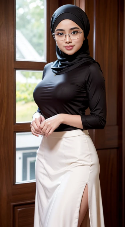 (iu:0.8),cleavage, RAW, Best quality, high resolution, Masterpiece: 1.3, Beautiful glasses pearl_skinned hijabi javanese wearing high_slit_skirt, Masterpiece, Soft smile