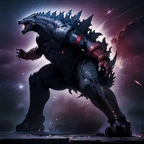 ultra-detailed, Explicit, Masterpiece, Best Quality, Highly detailed, illustration, absurdres, no humans, GodzillaXP, GZBD, GZHD,monster,godzilla, full body, violet eyes, long violet spines, open mouth, head up, roaring, growling, godzilla wear doll suit, ...