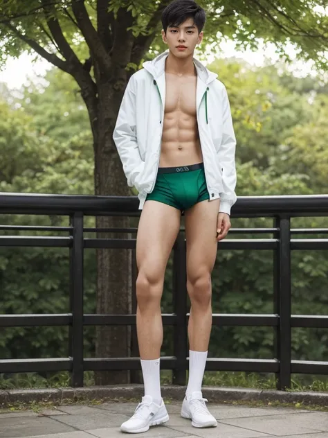 16 years old teenagers , very young , light-skin , wearing an dark green sexy underwear, tmasterpiece，k hd，the feet，Transparent sports vest，semi transparent，black long socks，The barefoot , green colour , handsome and cute , extreme cute boy , white skin , ...