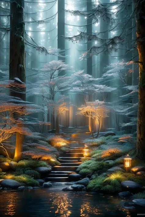 Capture the ethereal of light and shadow in a stunning monochromatic photograph with selective color details, revealing the hidden poetry of orange Bioluminescence, forest, (realistic, photorealistic, RAWphoto:1.4), fantasy, Magic Realism Style, whimsical,...