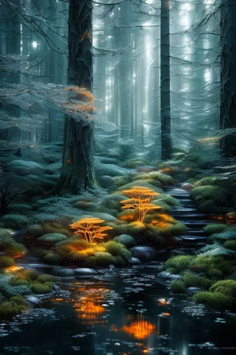 Capture the ethereal of light and shadow in a stunning monochromatic photograph with selective color details, revealing the hidden poetry of orange Bioluminescence, forest, (realistic, photorealistic, RAWphoto:1.4), fantasy, Magic Realism Style, whimsical,...