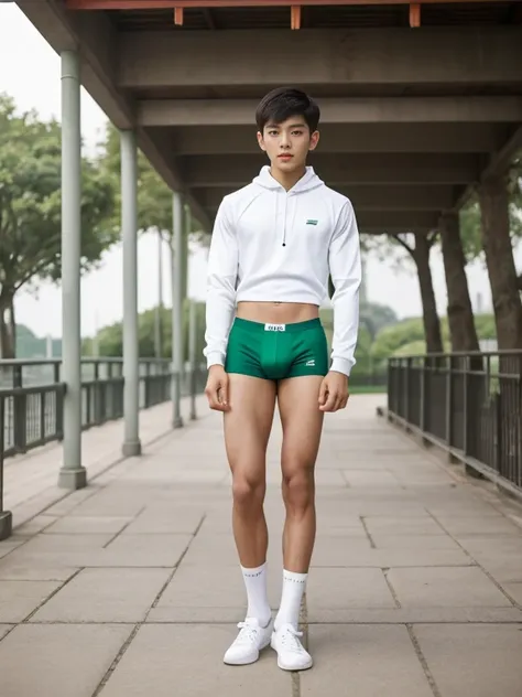 16 years old teenagers , very young , light-skin , wearing an dark green sexy underwear, tmasterpiece，k hd，the feet，Transparent sports vest，semi transparent，black long socks，The barefoot , green colour , handsome and cute , extreme cute boy , white skin , ...