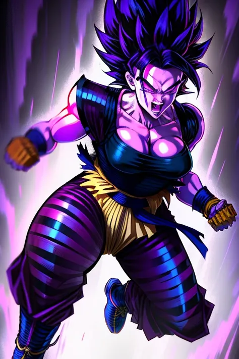 Saiyan Girl, bristly hair, dark purple hair, dark purple aura, without eyebrows, red irises, anger expression, black sleeveless t-shirt, Saiyan armor, yellow belt, black pants with yellow stripes, Red boots, Gloves without fingers.