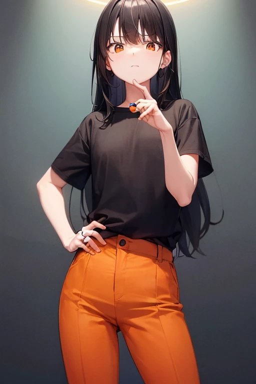 ((man)), standing, brown pants, black t-shirt, standing, ((wearing small glowing orange ring)), long black hair, surprised, thin waist