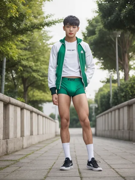 16 years old teenagers , very young , light-skin , wearing an dark green sexy underwear, tmasterpiece，k hd，the feet，Transparent sports vest，semi transparent，black long socks，The barefoot , green colour , handsome and cute , extreme cute boy , white skin , ...