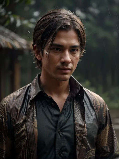 Rain, wilderness, man with batik shirts, steamy, haze, Timeless, ethereal, Hyper-realistic, Ultra photo realism, tmasterpiece, 8k, in focus, Detailed hair, highly detailed, high quality, High definition, cinematic perspective, rainy weather